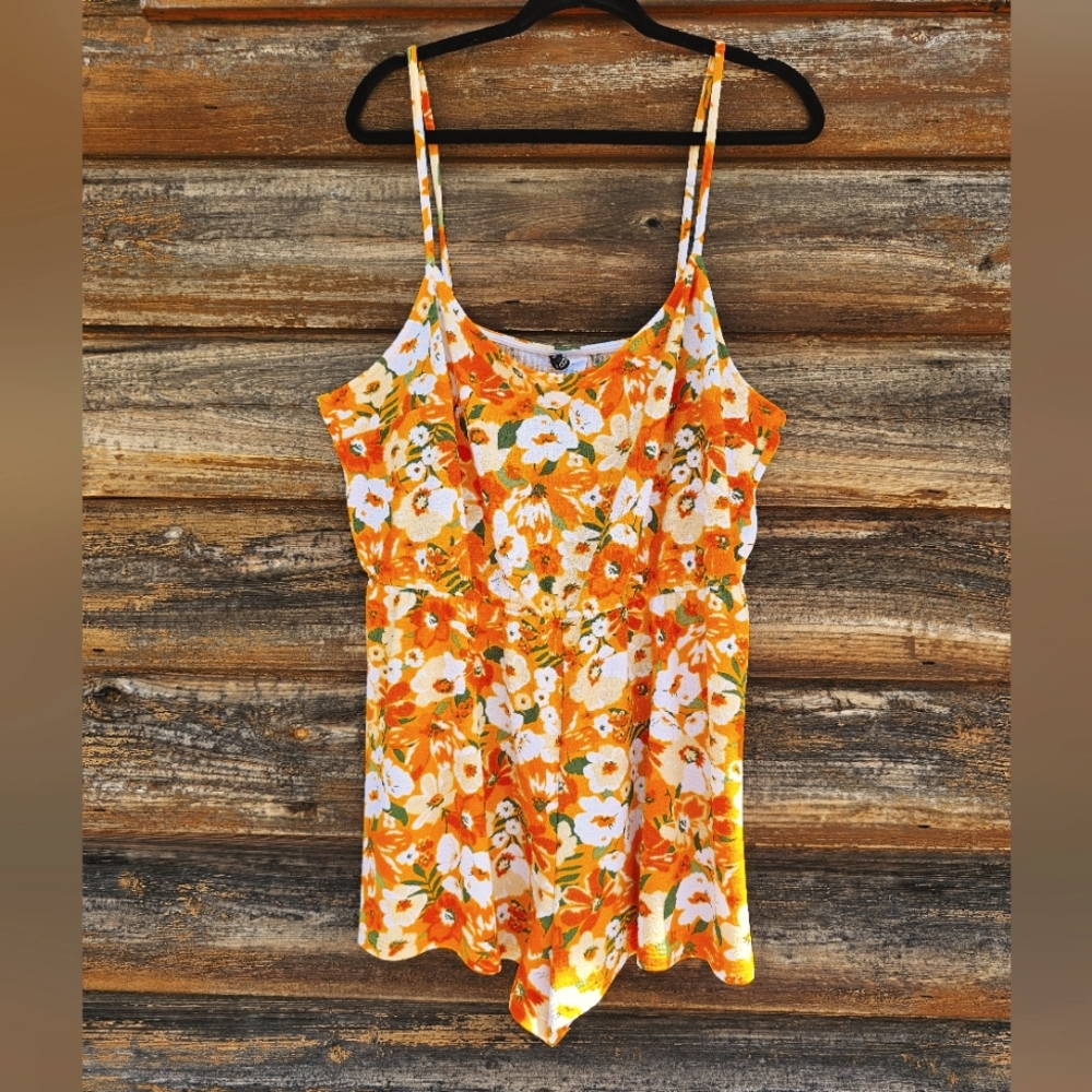 Divided H&M Orange Yellow Floral Shorts Romper Jumpsuit Stretchy Size XL